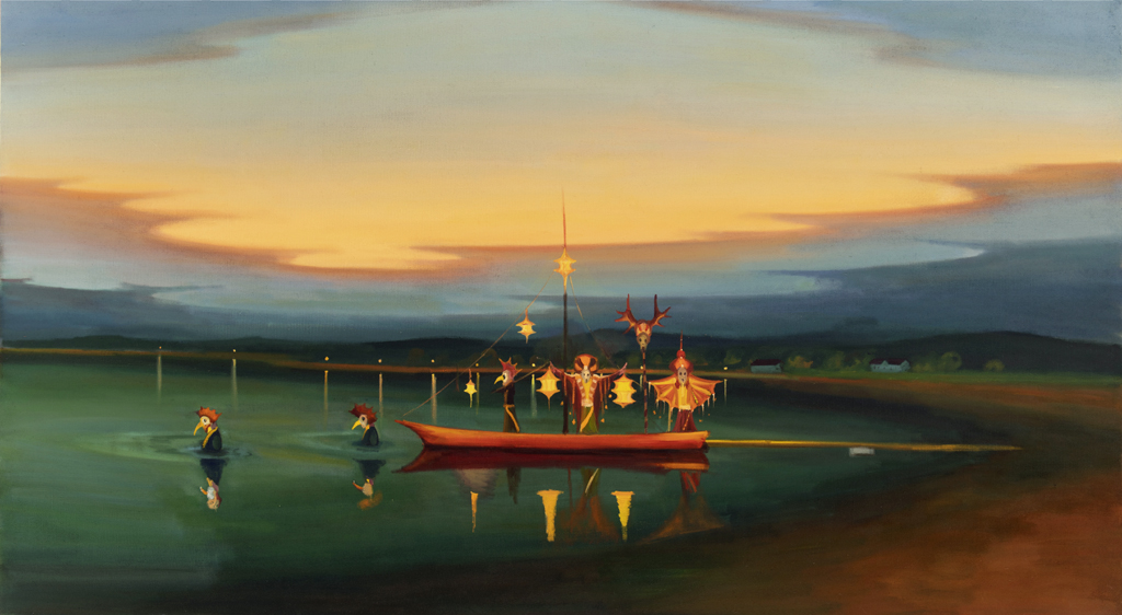 Maškary ve vodě, 2021, 115 x 210 cm, olej na plátně