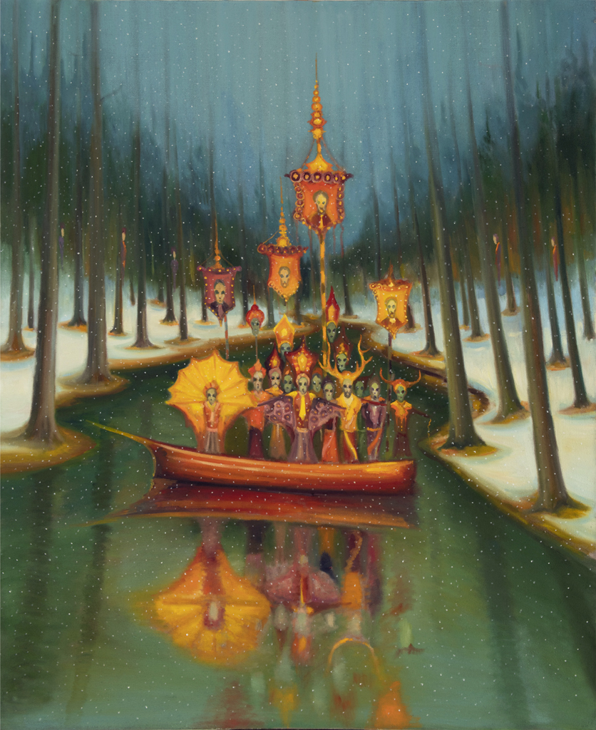 Maškary na lodi, 2022, 170 x 140 cm, olej na plátně