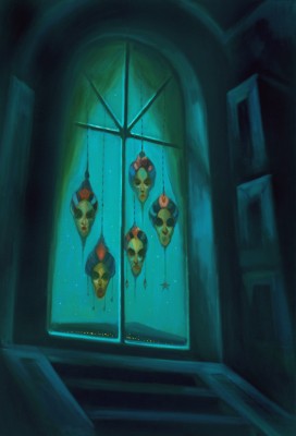 Masky v okně, 2025, 170 x 115 cm, olej na plátně